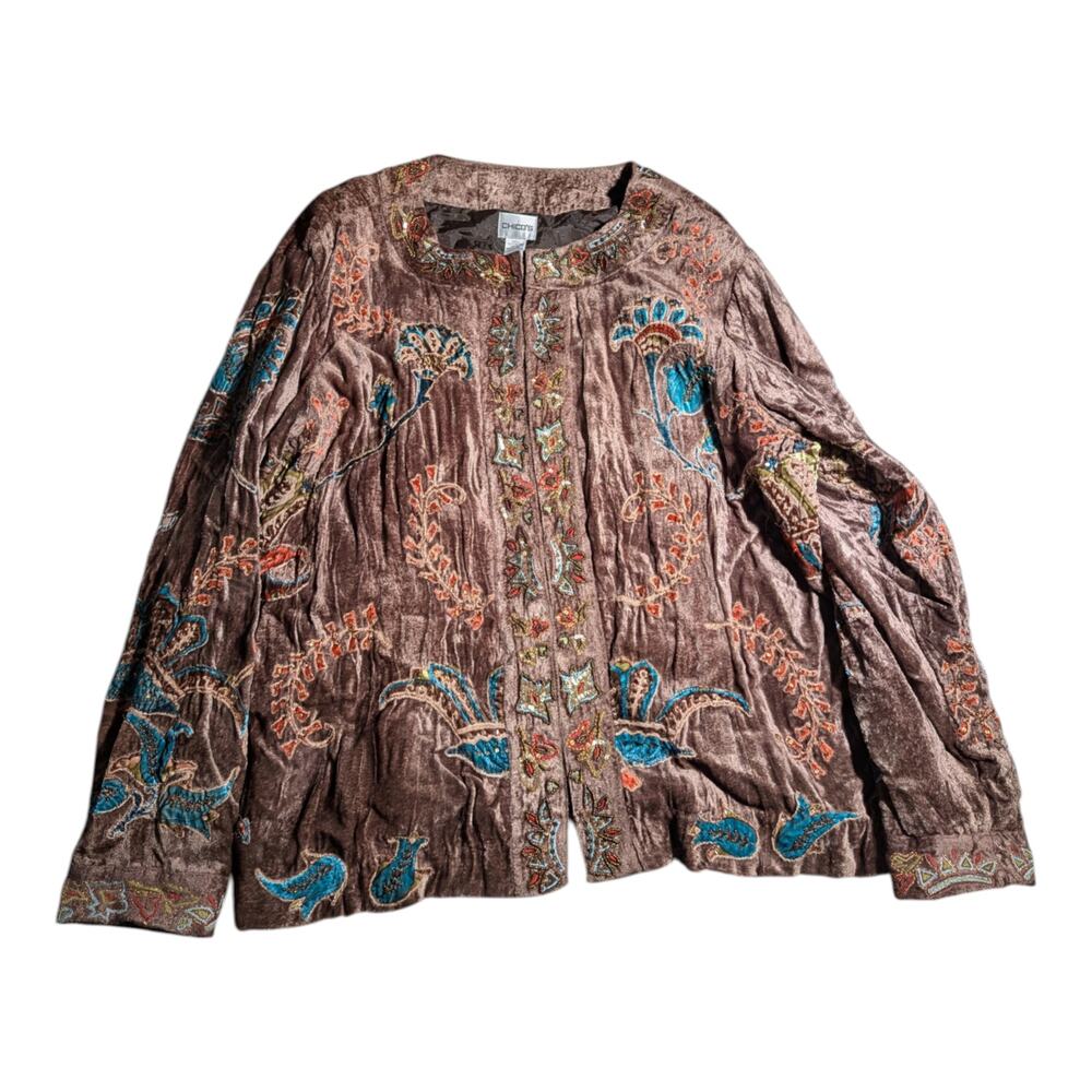 Vtg 1990s Chico's Brown Velvet Boho Embroidered Beaded Hook Closure Jacket 3 XL